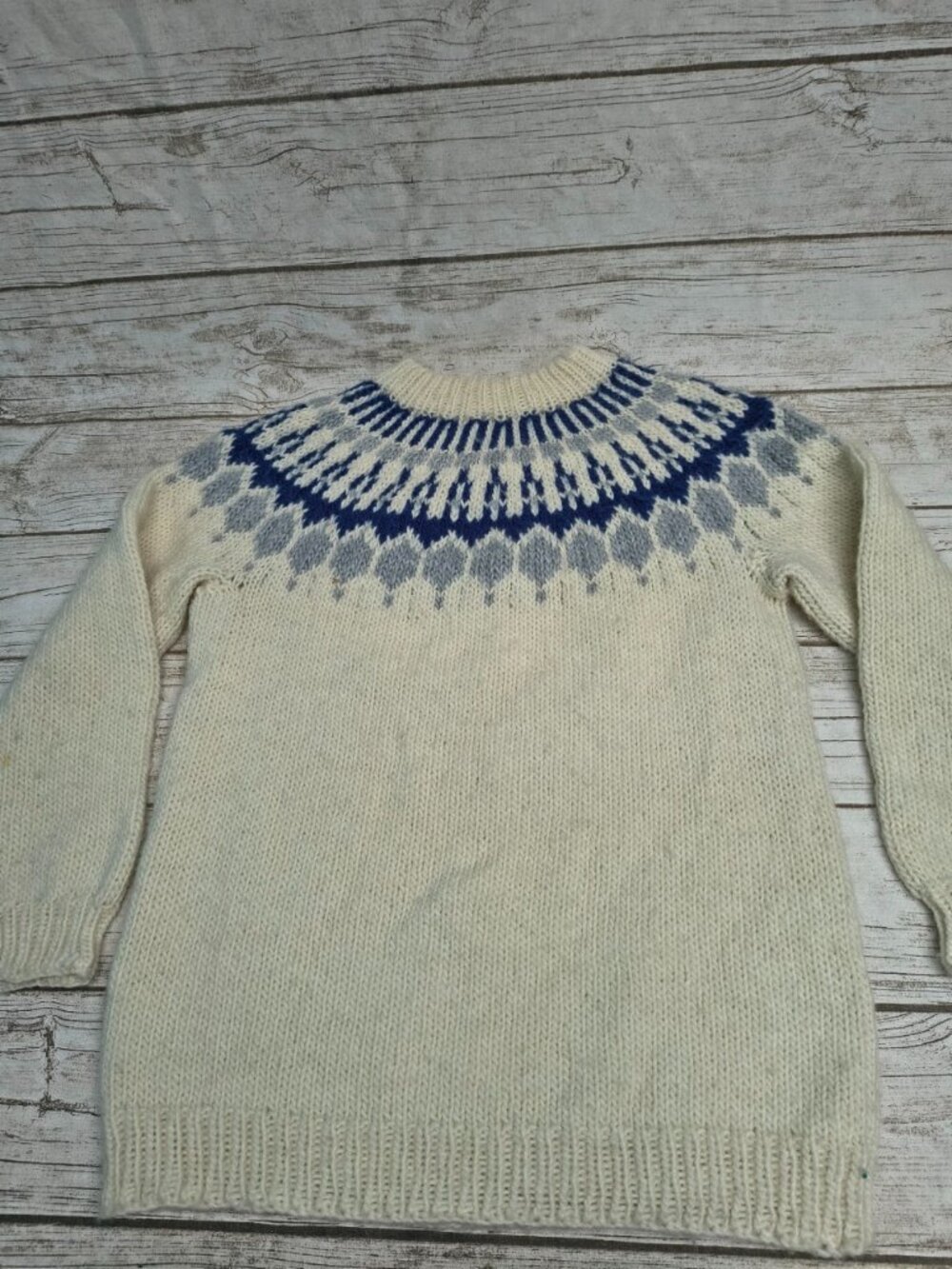 Handmade Fair Isle Nordic Cream and Blue Wool Blend Crewneck Sweater